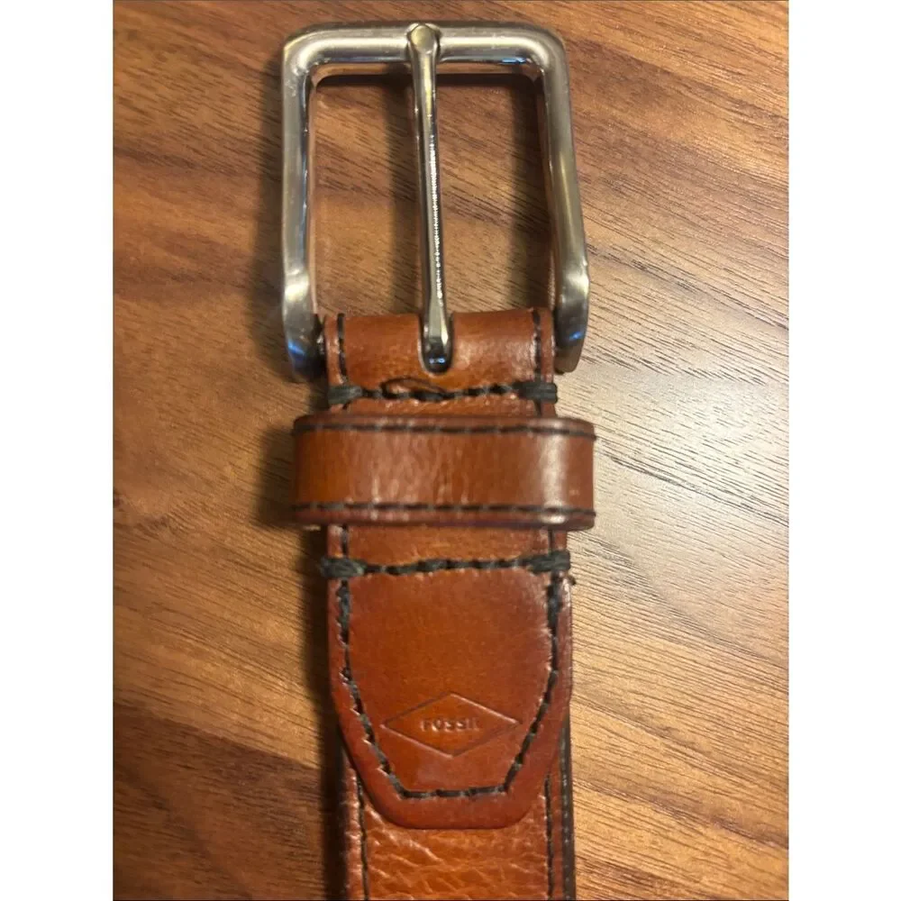 Fossil Tan/Brown Leather Belt with Fabric Logo Tag